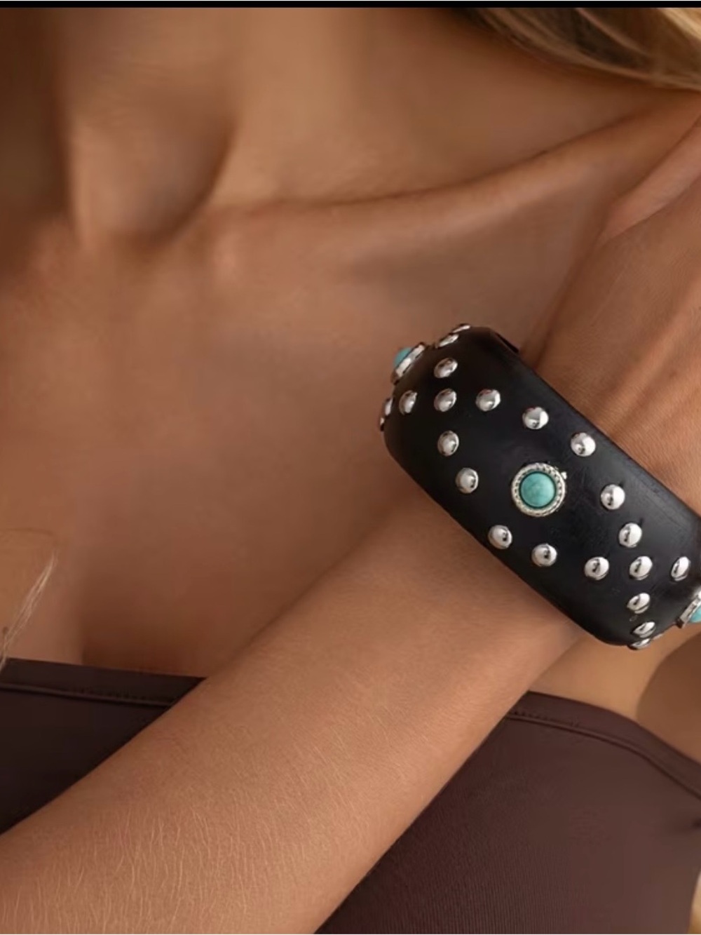 Black wood Studded Bangle Cuff Bracelet w/ 2 Round Blue Bezel Stones
